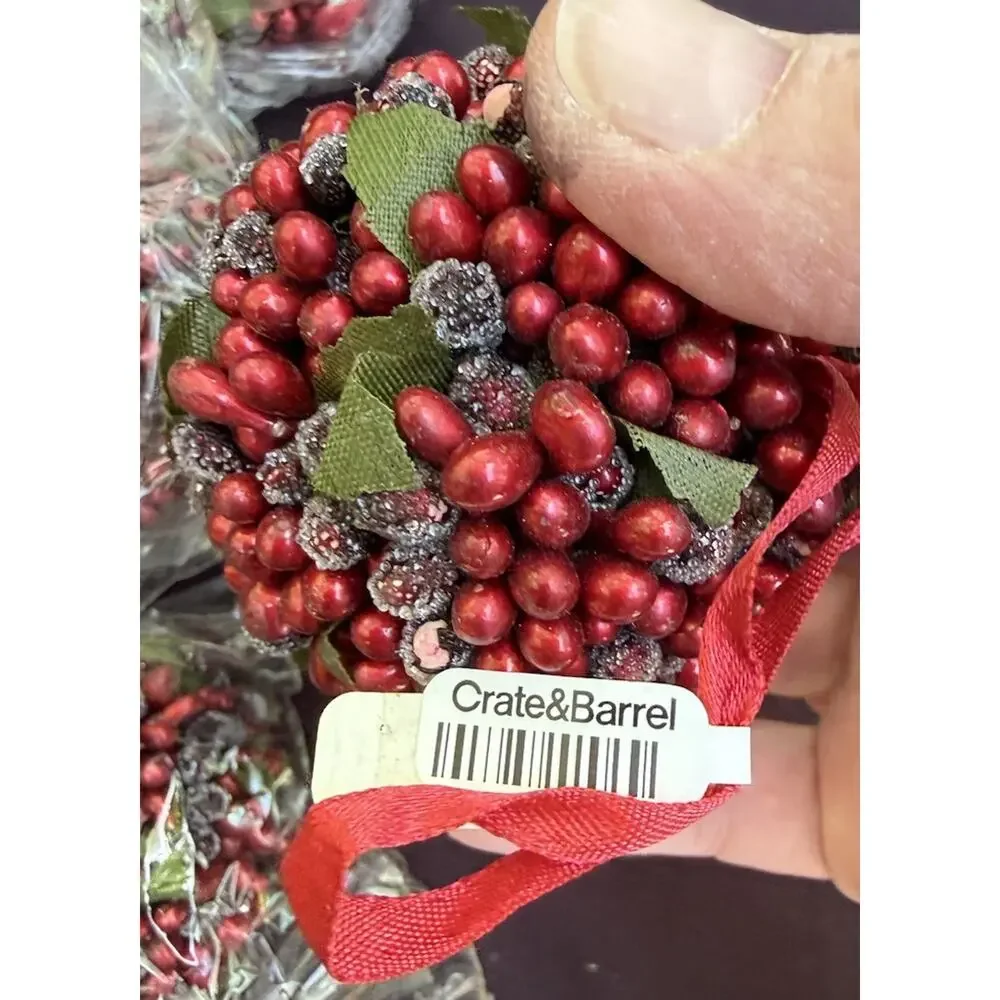6 CRATE & BARREL Christmas Ornament Red Sugared Berry Ball New Tag 412-112 -46D